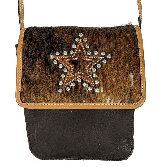 Montana Silversmiths Handbags - Montana Silversmith Western Brown Leather Calf Hair On Bag Crossbody Star Front
